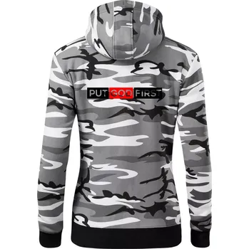Dámská mikina Put God first obdélník - Dámská mikina trendy zipper s kapucí - XS ( Šedý maskáč )