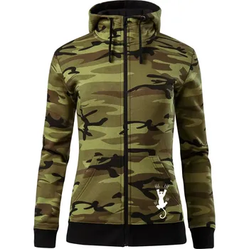 Dámská mikina Kočka visící - Dámská mikina trendy zipper s kapucí - XS ( Zelený maskáč )