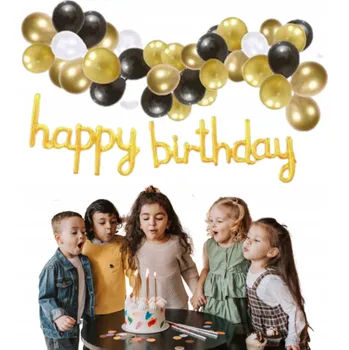 Balónek SADA BALÓNKŮ K NAROZENINÁM ZLATÁ ČERNÁ PERLEŤOVÁ NÁPIS HAPPY BIRTHDAY HELIUM