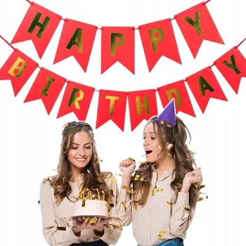 NAROZENINOVÁ GIRLANDA S NAPISEM HAPPY BIRTHDAY ČERVENÁ ZLATÝ NÁPIS 200CM