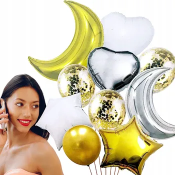 Balónek SADA BALÓNKŮ HVĚZDY MĚSÍC SRDCE KONFETY 10 KS BÍLO-ZLATÉ BALÓNKY