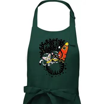Kuchyňská zástěra Pá a Pi z kočičí planety (Pecka Design) - Pánská zástěra na vaření - Univerzální velikost ( Lahvově zelená )