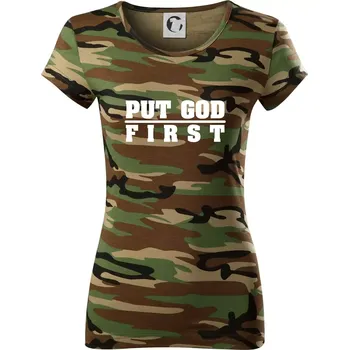 Dámské tričko Put God first tlustý nápis - Dámské maskáčové triko - XS ( Hnědý maskáč )