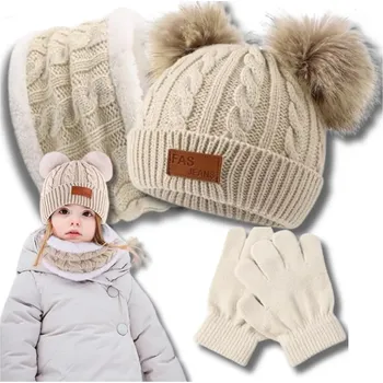 Čepice Dětská Zateplená Sada - Čepice s Bambulkami, Komín a Rukavice, Béžová, 100% Akrylové Vlákno