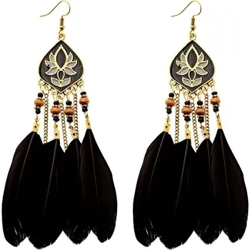 Náušnice Dlouhé Boho Retro Náušnice s Peřím, Kov, 13 cm x 2,5 cm