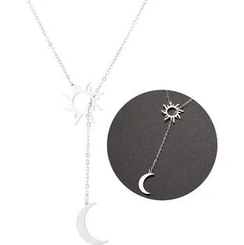 Náhrdelník Dlouhý náhrdelník z chirurgické oceli 316L, stříbrný, s přívěsky slunce a měsíce, délka 60 cm