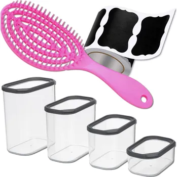 Úložný box Camerazar Sada 4 nádob na potraviny s kartáčem na vlasy a samolepkami pro organizaci domácnosti