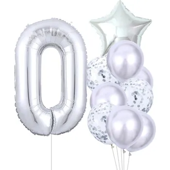 Balónek Sada 10 stříbrných narozeninových balónků s číslem 0, výška čísla 81 cm, velikost hvězdy 45 cm, latexové