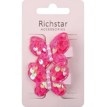 Sponky do vlasů s motýlky a flitry tmavě růžové 4,5 x 3,5 x 0,5 cm, 2 ks