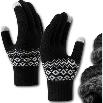 Rukavice Teplé dámské rukavice Nordic Pattern Touch, černé, akrylová příze, univerzální velikost
