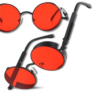 Sluneční brýle Unisex Steampunkové Kulaté Brýle RED Ray Lenon, Černá Kovová Obroučka, Červené Skla, UV Filtr 400 Cat.2