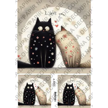 Umělecký papír Rýžový a soft papír na decoupage - Kočky LOVE - KB01731 Materiál: Soft, Rozměr: A4