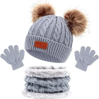Čepice Dětská zateplená 3dílná sada - šedá, akrylové vlákno, čepice 18x18 cm, komín 15x20.5 cm, rukavice 13x6 cm
