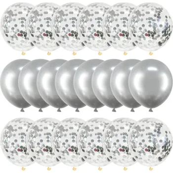 Balónek Velká Sada 20 Stříbrných Balónků s Konfetami, Průhledné a Celé Pokryté Stříbrem, Latex, 30 cm