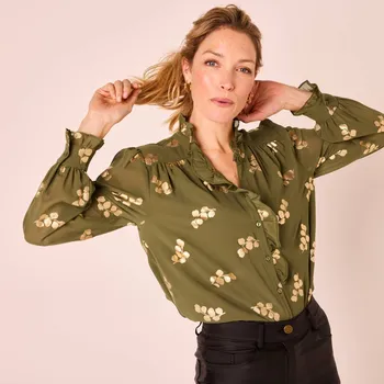 Dámská halenka Halenka s volánky a zlatým potiskem khaki 54