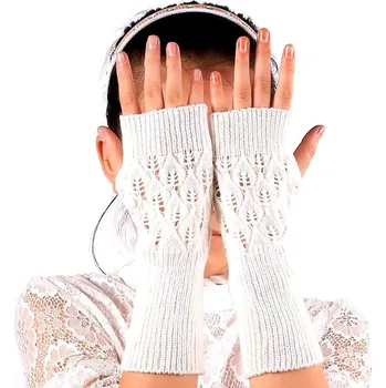 Rukavice Teplé ažurové palčáky bez prstů, bílé, akrylová příze, 20x7 cm