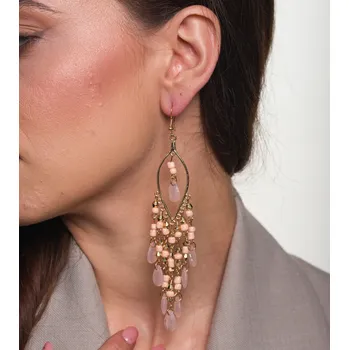 Náušnice Dlouhé Boho Náušnice v Orientálním Stylu, Růžové, Kovové, 12.8 cm x 1.8 cm