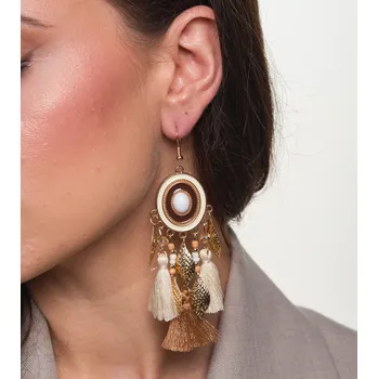 Náušnice Střapcové náušnice s vypouklým kruhem, zlatý lem, kov a látka, 11 cm x 3 cm