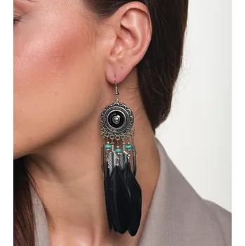 Náušnice Dlouhé Boho Náušnice s Peřím, Kovové, Délka 12,5 cm - Šířka 2,5 cm