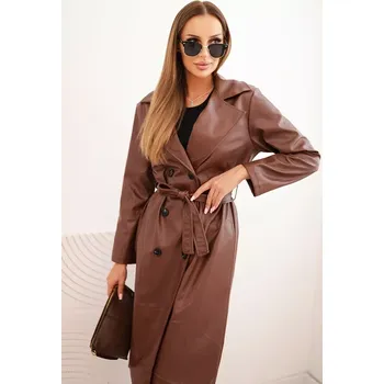 Dámský kabát Kesi Włoski Dámský trenčkot z ekokůže s páskem a límcem světlě hnědý Kesi Włoski černá | hnědá 3424675