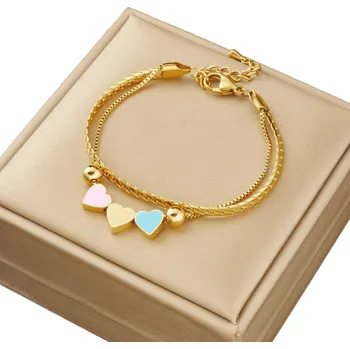 Náramek Náramek Elegantní Srdce Dvojitý Zlatý z Chirurgické Oceli