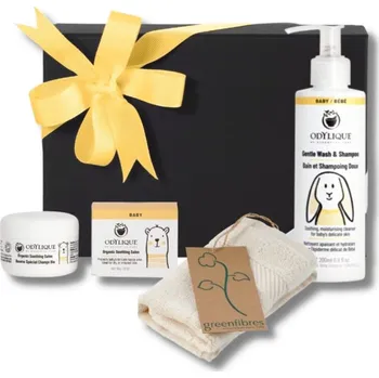 Kosmetická sada Odylique | Dárková sada - Baby šampon, hojivá mast a bio bavlněná žínka