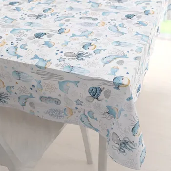 ubrus Dětský bavlněný obdélníkový ubrus Sandra SA-442 Mořský svět modrý na bílém 50x100 cm