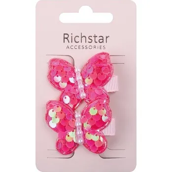 Sponky do vlasů s motýlky a flitry tmavě růžové 4,5 x 3,5 x 0,5 cm, 2 ks