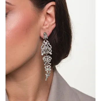 Náušnice Dlouhé Stříbrné Náušnice s Zirkony a Krystaly pro Svatbu, Zapínání Puzetové, Délka 8,5 cm