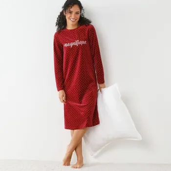 Dámská noční košile Blancheporte Velurová noční košile s puntíky a výšivkou třešňová/režná 50
