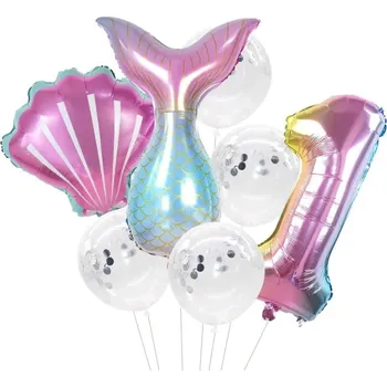 Balónek Sada 7 balónků s konfetami v barvách mořské panny a bílé, fólie a latex, různé velikosti (81 cm, 80 cm, 50 cm)