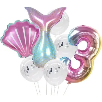 Balónek Sada 7 balónků s konfetami mořská panna, růžová a bílá, latex a fólie, číslo 3