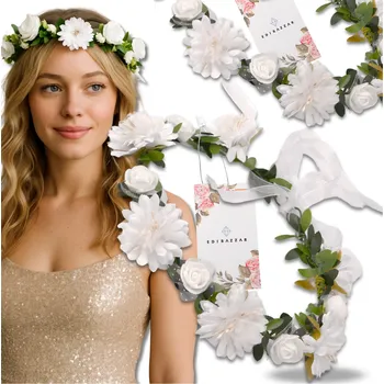 Čelenka Camerazar Bílý květinový věnec čelenka do vlasů s růžemi v boho stylu pro první přijímání