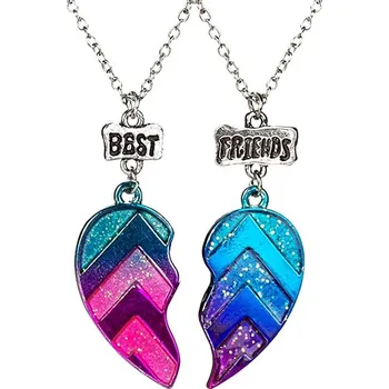 Náhrdelník Dvojice Náhrdelníků pro Přítelkyně 2v1, Třpytivé Srdce, Stříbrná Barva, Délka 43+5 cm