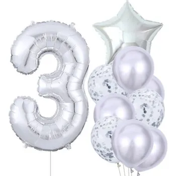 Balónek Sada 10 stříbrných balónků ke třetím narozeninám - latex a fólie, různé velikosti (81 cm, 45 cm, 25 cm)
