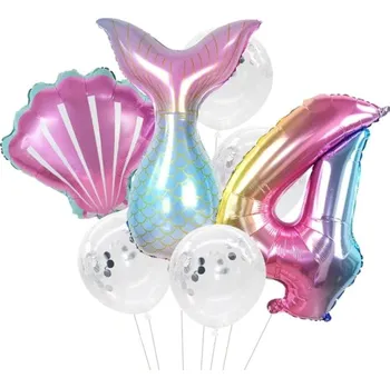 Balónek Sada 7 balónků s konfetami mořská panna číslo 4, duhové barvy, fólie a latex, výška 81 cm