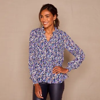 Dámská halenka Plisovaná halenka z voálu s potiskem květin nám.modrá/modrá 42