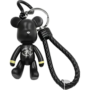 Černý přívěšek na klíče s medvídkem, plast zdobený krystaly, ekokožený řemínek, 13 cm