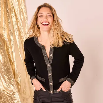 Dámský svetr Propínací svetr se třpytivými lemy černá 42/44