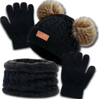 Čepice Dětská zateplená 3dílná sada - čepice, komín a rukavice, černá, 100% akrylové vlákno