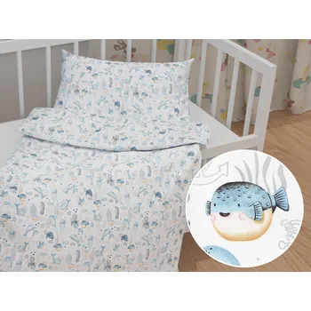 Povlečení Dětské bavlněné povlečení do postýlky Sandra SA-442 Mořský svět modrý na bílém Do postýlky 90x140 a 40x60 cm