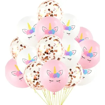 Balónek Sada 15 balónků Jednorožec Mix, Bílá/Růžová/Průhledná s Konfetami, Latex, Průměr 30 cm - Varianta 1