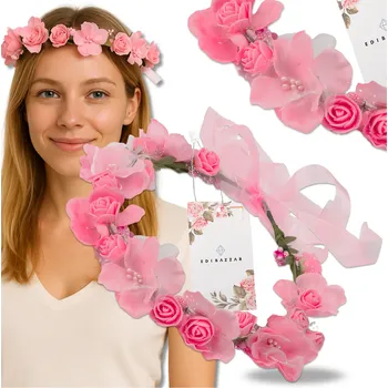 Čelenka Camerazar Věnec do vlasů s růžovými růžemi v boho stylu