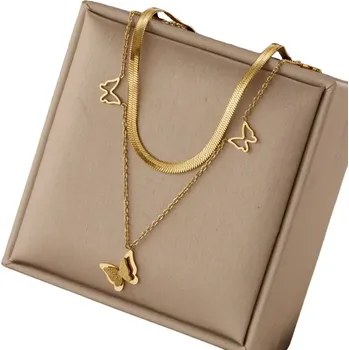 Náhrdelník Dvojitý náhrdelník s motýly z chirurgické oceli ve zlaté barvě