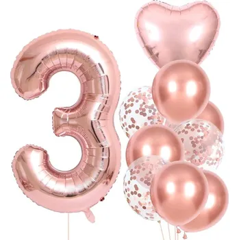 Balónek Sada 10 růžových balónků ke třetím narozeninám s konfety, latex a fólie, max. velikost 25 cm