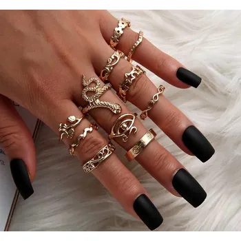 Prsten Sada 11 Punk Gothic Retro Prstenů, Zlatá Barva, Kovový Materiál, Velikosti 16-18 mm