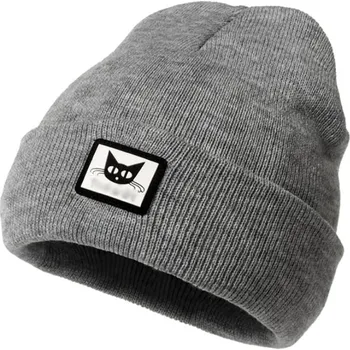 Čepice Dámská teplá čepice s pruhy a kočkou, šedá, akrylový úplet, univerzální velikost