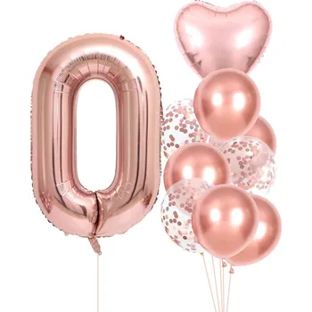 Balónek Sada 10 Narozeninových Balónků Růžové Barvy s Číslem 0, Velikost Čísla 81 cm, Velikost Srdce 45 cm