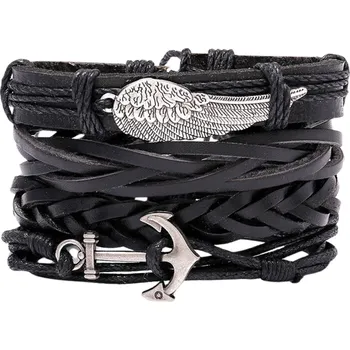 Náramek Camerazar Sada kožených náramků s křídlem, černá, velikost univerzální