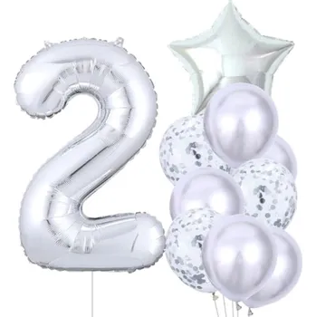 Balónek Sada 10 stříbrných balónků k druhým narozeninám - latex a fólie, max. velikost 81 cm